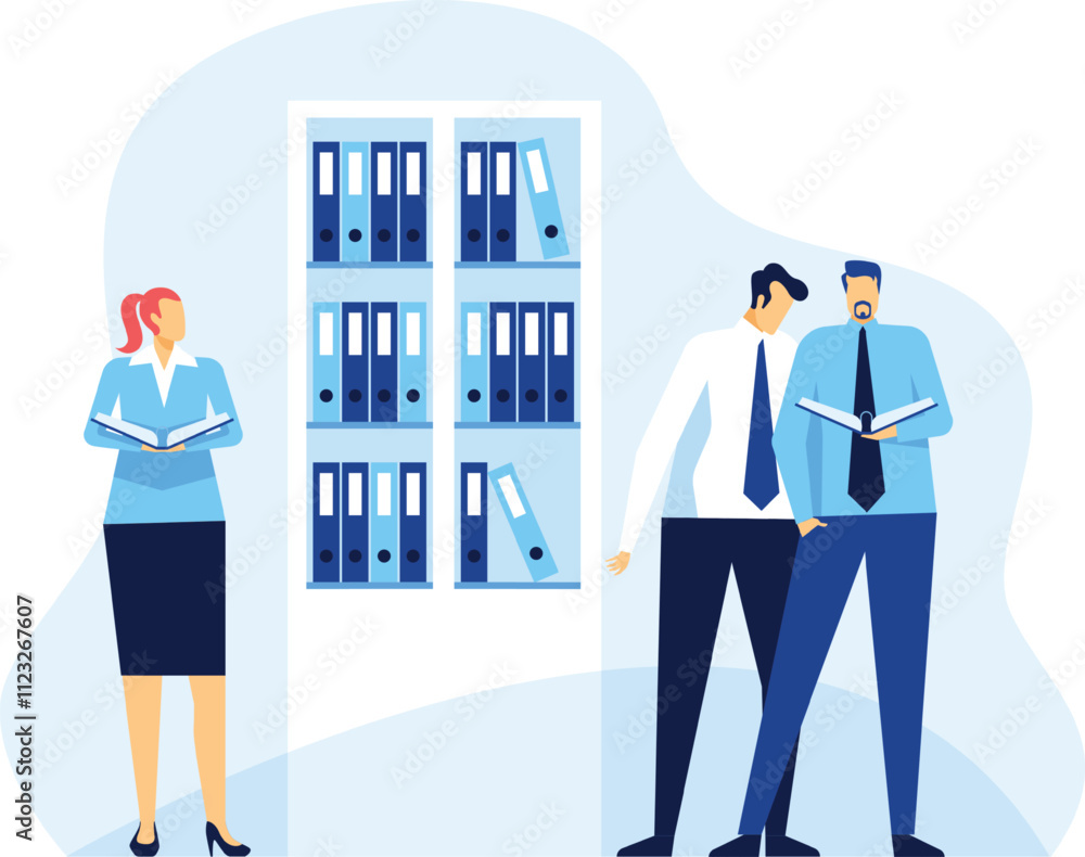 Poster office workers reading documents and consulting archives while a female colleague stands beside a fi