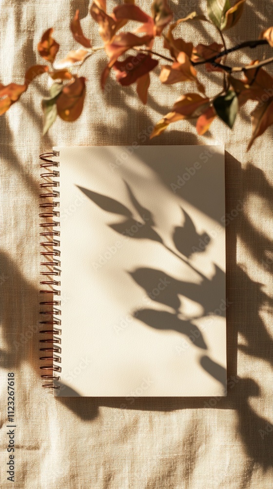 Poster artistic composition featuring autumn leaves casting delicate shadows on blank spiral notebook, crea