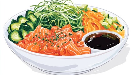 A vibrant bowl of sashimi with vegetables and dipping sauce, showcasing fresh ingredients.