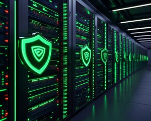 Data and Cybersecurity Themes. High-tech server room with illuminated green shields indicating security and data protection.