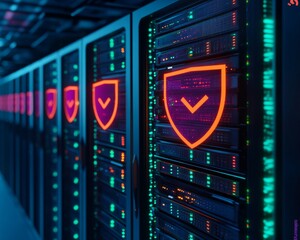 Data and Cybersecurity Themes. Data center with illuminated servers featuring a security shield design in vibrant colors.