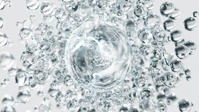Clear cosmetic serum with liquid bubbles in a 3D abstract background. Hydrating essence gel enriched with collagen molecules. Moisturizing cream or oil for advanced skincare, beauty, and skin health.