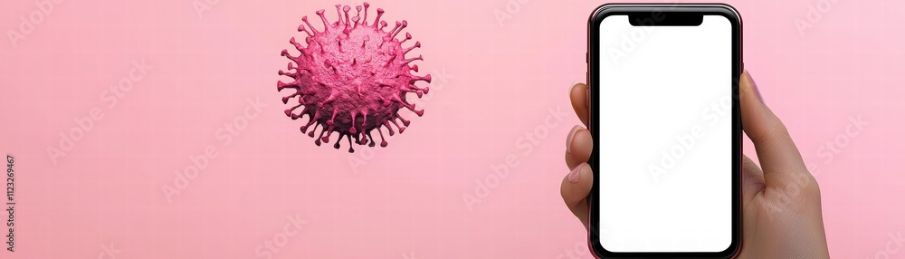 Aufkleber a mobile with a floating pink virus on blank screen on pink background, ai-powered mobile app for re