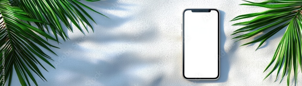 Poster a mobile with blank screen on white background with leaves, ai-driven mobile phone interface for per