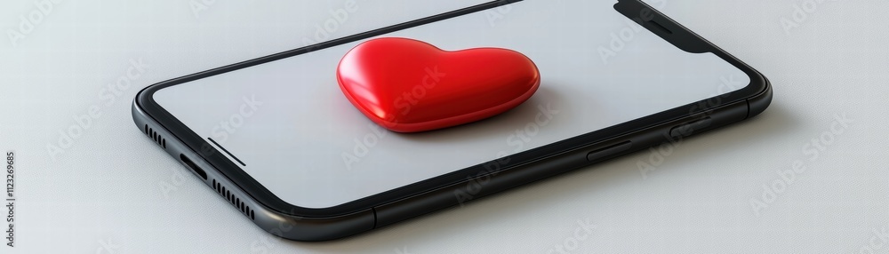 Poster a mobile with a heart on blank screen on white background, ai-driven mobile phone interface displayi