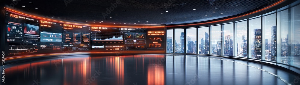 Poster ai analytical lab hall, ai-driven mobile dashboard visualizing data insights in a futuristic citysca