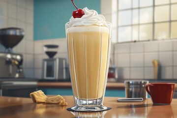 A creamy milkshake topped with whipped cream and a cherry, set in a cozy kitchen.