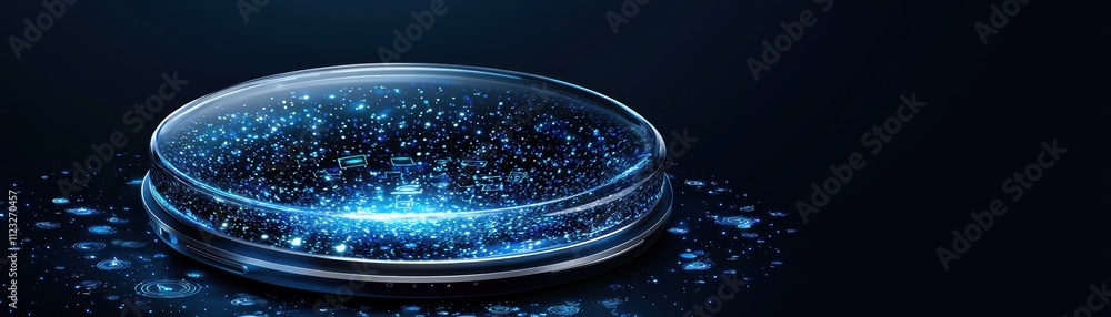 Poster a glass plate with glowing particles on dark background, , futuristic ai-driven mobile phone interfa