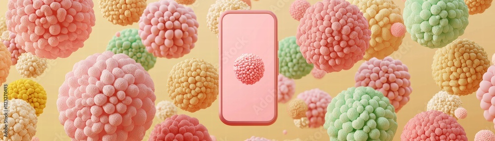 Poster a mobile with floating pastel viruses, ai-driven mobile app visualizing futuristic designs digital s