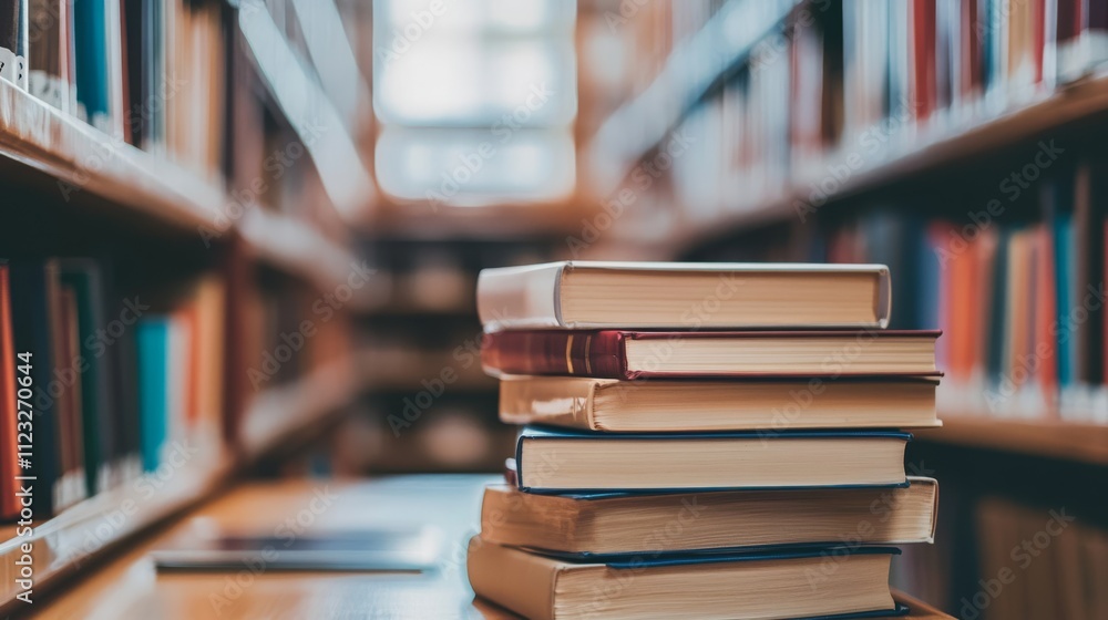 Poster a stack of books sits on a table in a library, surrounded by rows of shelves filled with colorful bo