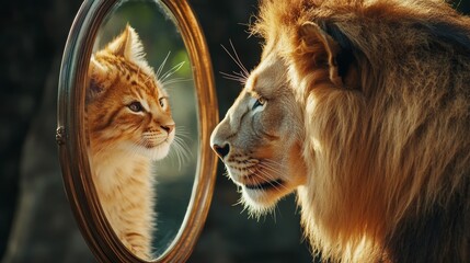 Fototapeta premium A regal lion staring at its reflection, symbolizing introspection, strength, and the majestic beauty of wildlife.