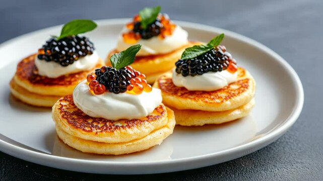 Chef placing red and black caviar on sour cream blinis