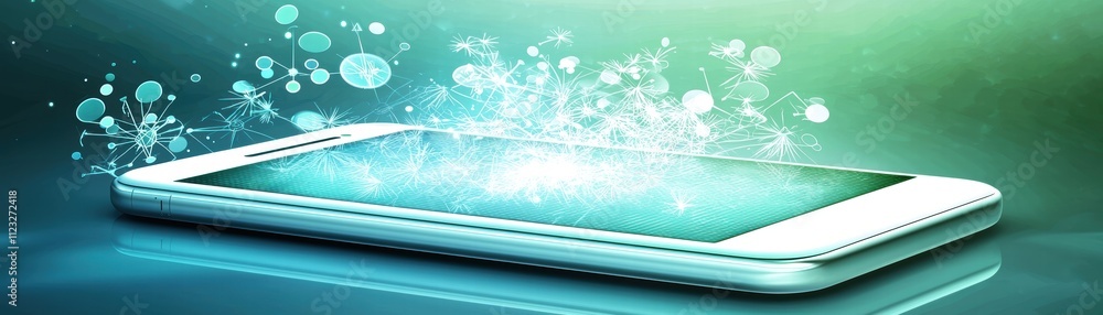 Poster a mobile screen with green bokeh, innovative ai-powered mobile interface showcasing dynamic visuals 