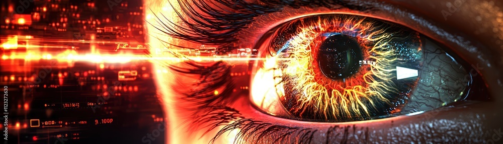 Poster eye analyzing data, ai-enhanced mobile dashboard visualizing insights through eye tracking technolog