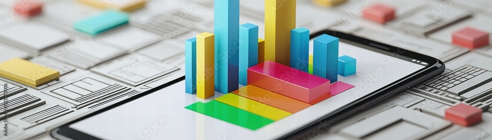 Poster virtual colorful bar chart on mobile screen, ai-driven mobile app showcasing predictive analytics fo