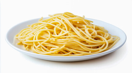Plate of spaghetti pasta on a white background, styled for appealing stock photography