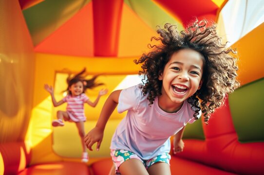 Joyful Children Playing in a Colorful Inflatable Bounce House