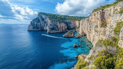 Fototapeta premium Stunning coastal adventuresteep cliffs and rock formations mediterranean sea landscape photography bright day nature's beauty