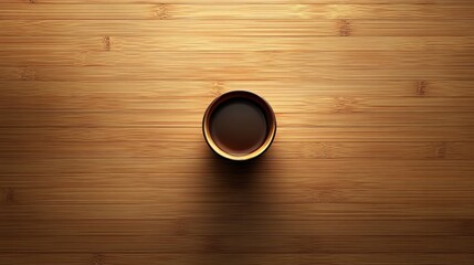 Fototapeta premium cup coffee beans wooden minimal. A top-down view of a small wooden cup filled with dark liquid, resting on a textured bamboo surface.