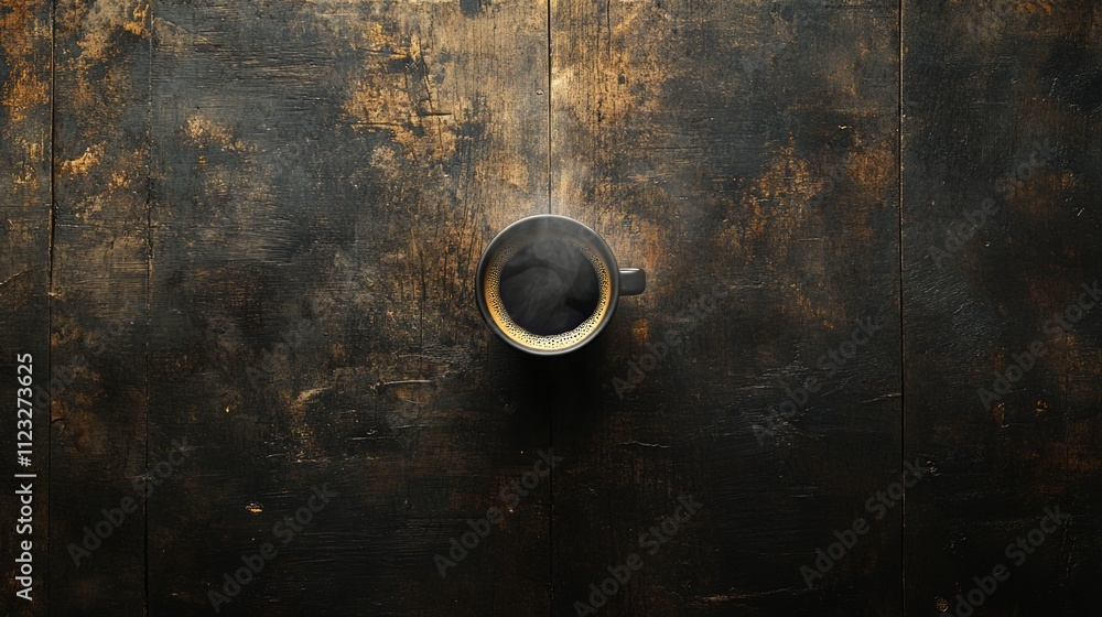Poster cup coffee beans wooden minimal. a close-up view of a dark, textured surface featuring a circular ob