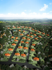 3d rendering Bird's eye view of townhouse village and forest with sky