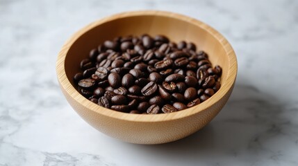 Fototapeta premium cup coffee beans wooden minimal. A wooden bowl filled with glossy, dark roasted coffee beans, resting on a light marble surface, perfect for coffee lovers and enthusiasts.