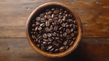 Fototapeta premium cup coffee beans wooden minimal. A wooden bowl filled with dark roasted coffee beans, resting on a wooden surface, showcasing their rich color and texture.