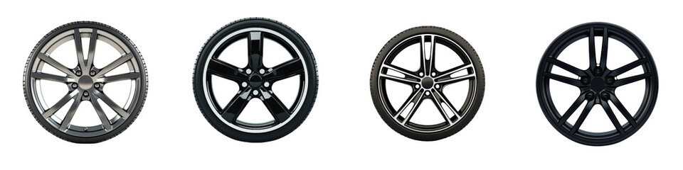 Obraz premium Set of four modern and stylish alloy car wheels with a textured black and silver finish showcasing a sleek and premium design perfect for high performance and luxury vehicles