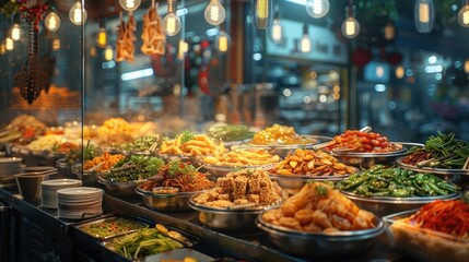 Obraz premium A vibrant and tempting display of a wide variety of traditional and artisanal culinary dishes appetizers entrees and desserts in a bustling night market or restaurant buffet setting