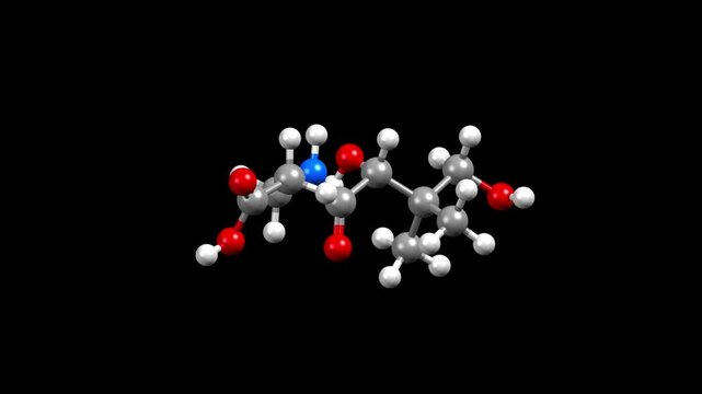 Structure of vitamin B5 (pantothenic acid). Animated 3D ball-and-stick and spacefill models, black background