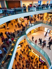 Busy Shopping Mall Interior with Spiral Staircase and Shoppers