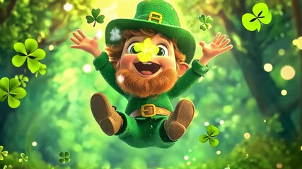 Playful leprechaun in green forest with shamrocks and glowing lights. Happy St. Patrick's Day. Saint Patrick