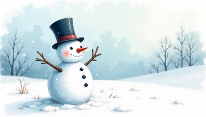 Obraz premium Cheerful snowman with a top hat and carrot nose in a snowy winter landscape 