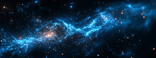 Fototapeta premium Abstract blue sparkles forming a mystical trail in a dark background, symbolizing magic, imagination, and wonder