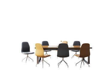 Fototapeta premium Contemporary office chairs and a wooden table on a white background, clean and isolated, showcasing a stylish and functional furniture setup. 3D Rendering.