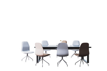 Fototapeta premium Office chairs with sleek modern design surrounding a rectangular black table, minimalist style, white background, concept of workspace. 3D Rendering.
