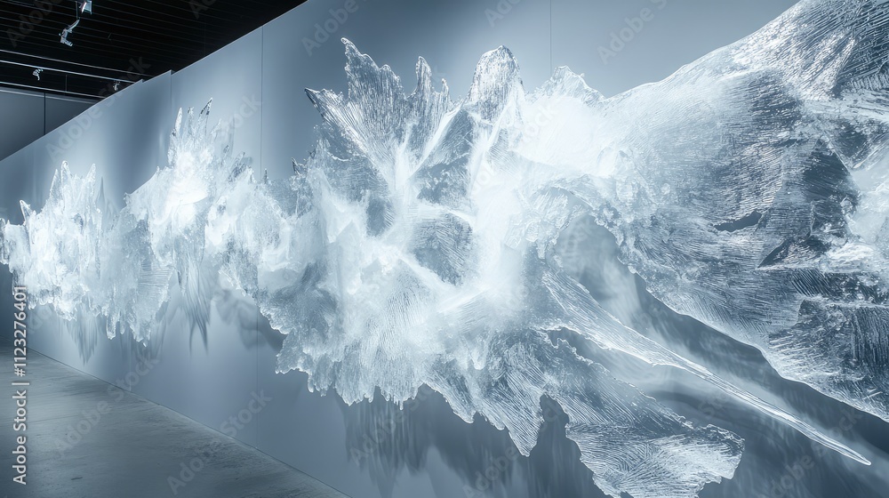 Poster frozen ice patterns arranged into a large-scale installation, with delicate frost and crystal design