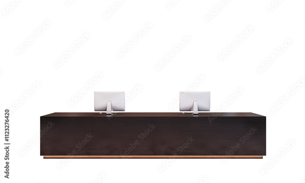 Poster modern reception desk with two monitors, dark wood texture, isolated on a white background, clean la