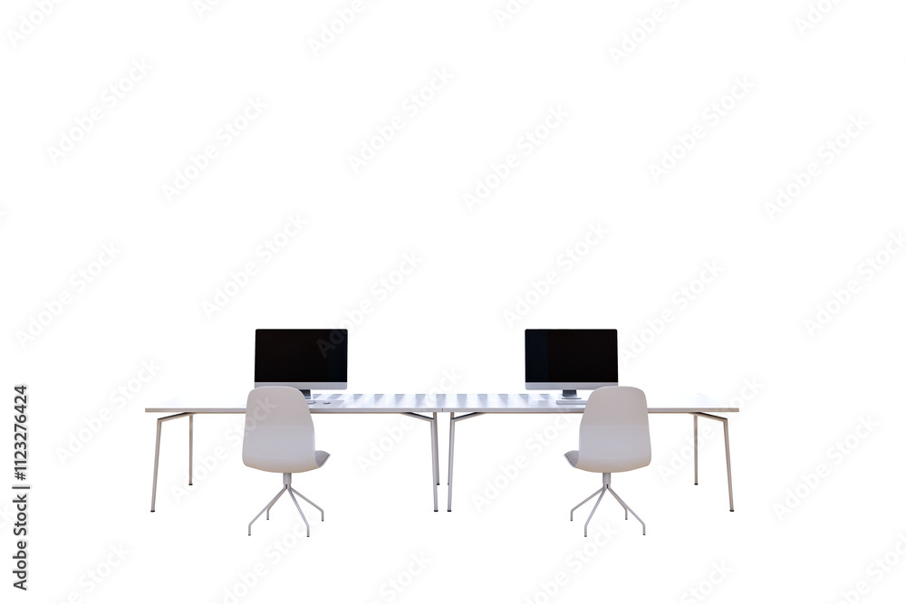 Poster office desk setup with two computers and chairs, modern style, isolated on white background, minimal