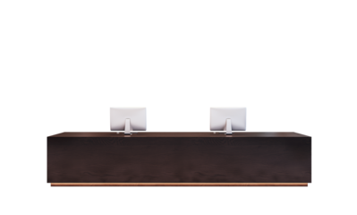 Modern reception desk with two monitors, dark wood texture, isolated on a white background, clean layout, concept of reception design. 3D Rendering.