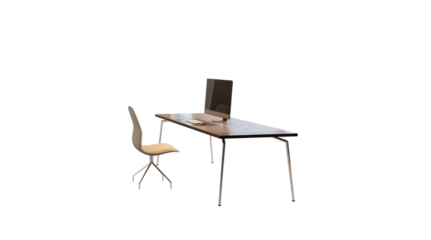 Office desk and chair with a computer and accessories placed on a wooden surface, isolated on a white background. Minimalist workplace concept. 3D Rendering.