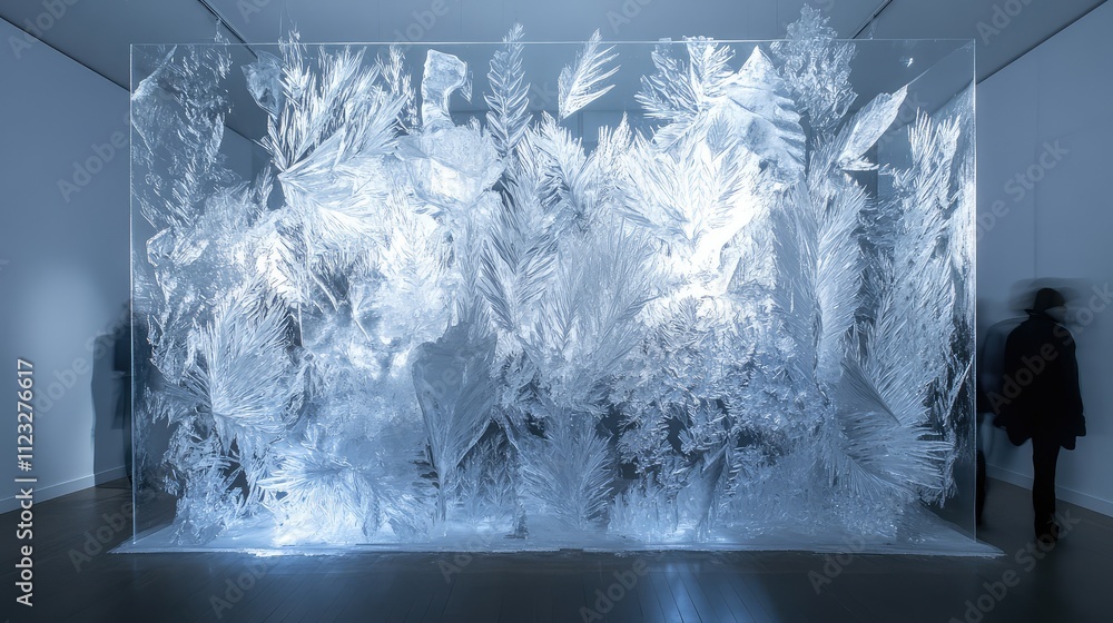 Poster frozen ice patterns arranged into a large-scale installation, with delicate frost and crystal design
