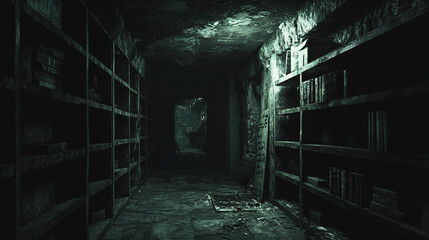 A dark cellar with dusty shelves and faint inscriptions on the walls. The air feels thick with whispers.