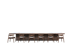 Modern wooden chairs around a long rectangular table, clean white background, isolated layout,...
