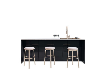 Modern kitchen island featuring stools, a sleek faucet, and glasses on a clean white background. Concept of interior and kitchen design. 3D Rendering.