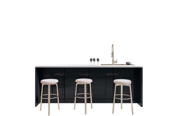 Modern kitchen island featuring stools, a sleek faucet, and glasses on a clean white background. Concept of interior and kitchen design. 3D Rendering.