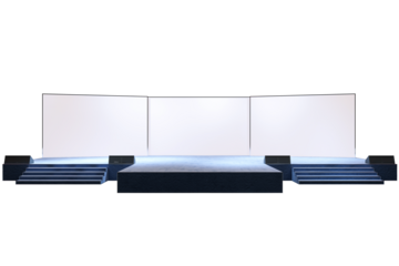 Empty stage with stairs and white screens, isolated on a white background, ideal for presentations, exhibitions, or display concepts. 3D Rendering.