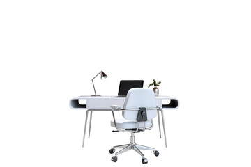 Fototapeta premium Modern office desk with sleek chair, metallic lamp, laptop, and decor plant on white background, clean and minimalistic concept. 3D Rendering.