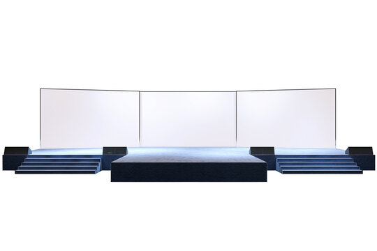 Empty stage with stairs and white screens, isolated on a white background, ideal for presentations, exhibitions, or display concepts. 3D Rendering.