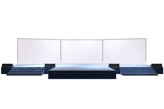 Empty stage with stairs and white screens, isolated on a white background, ideal for presentations, exhibitions, or display concepts. 3D Rendering.